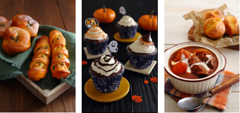 （左）かぼちゃのシュガーナッツブレッド （中）Hallweenカップケーキ （右）Quickビーフシチュー＆チーズパン
